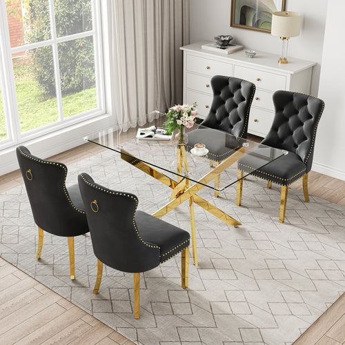 RDT919G 5-Piece Glass Dining Set + 4 Black Velvet Chairs (Gold)