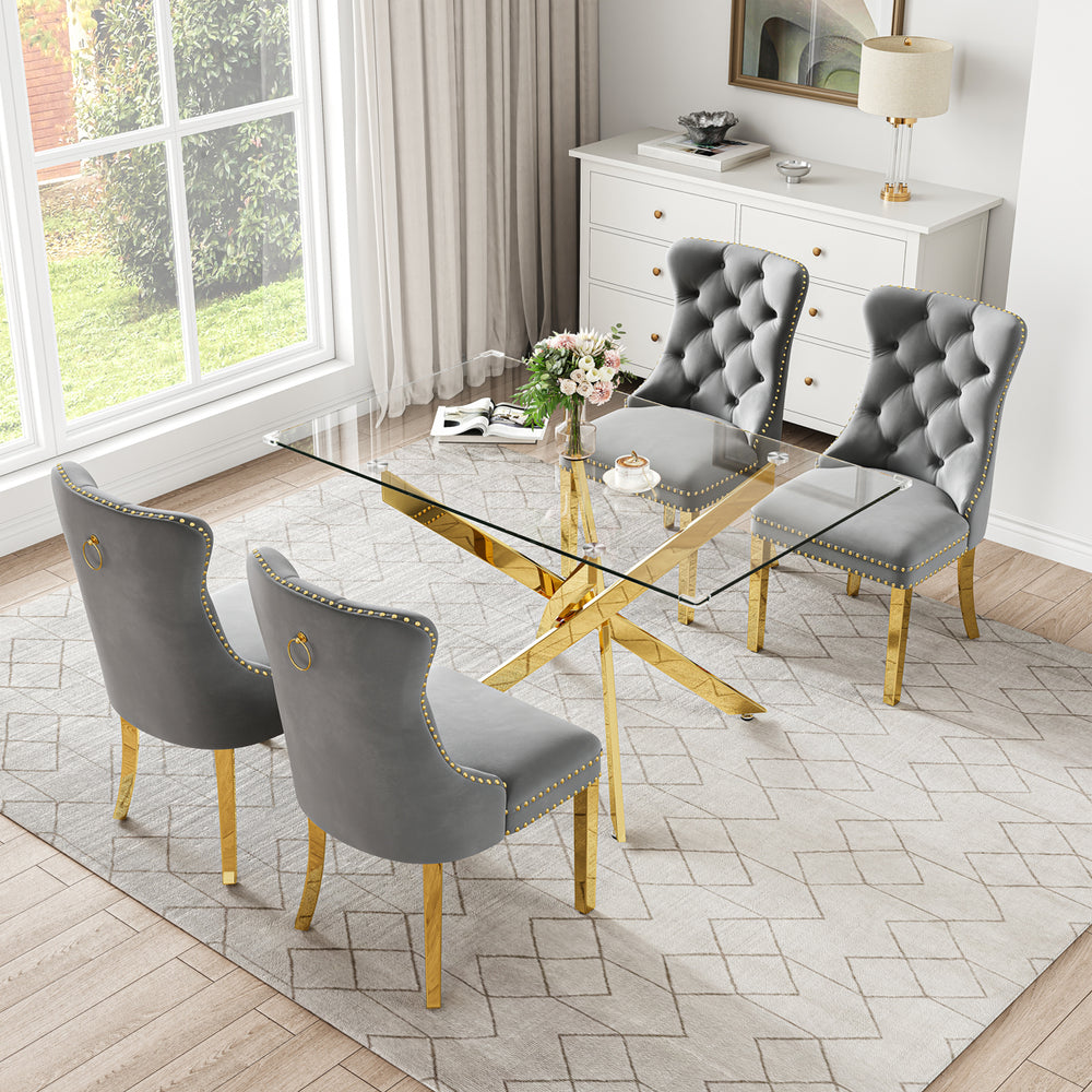 RDT919G 5-Piece Glass Dining Set + 4 Grey Velvet Chairs (Gold)