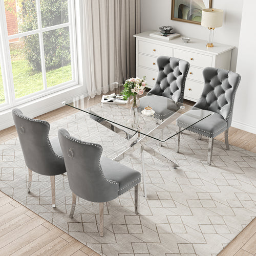 RDT919S 5-Piece Glass Dining Set + 4 Grey Velvet Chairs (Silver)