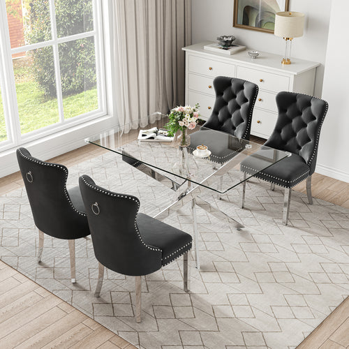 RDT919S 5-Piece Glass Dining Set + 4 Black Velvet Chairs (Silver)