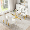 RDT919G 5-Piece Glass Dining Set + 4 White Velvet Chairs (Gold)