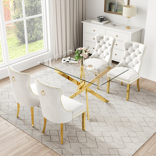 RDT919G 5-Piece Glass Dining Set + 4 White Velvet Chairs (Gold)