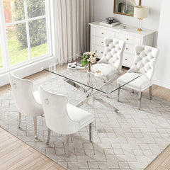RDT919S 5-Piece Glass Dining Set + 4 White Velvet Chairs (Silver)