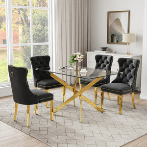 RDT919G 5-Piece Glass Dining Set + 4 Black Velvet Chairs (Gold)