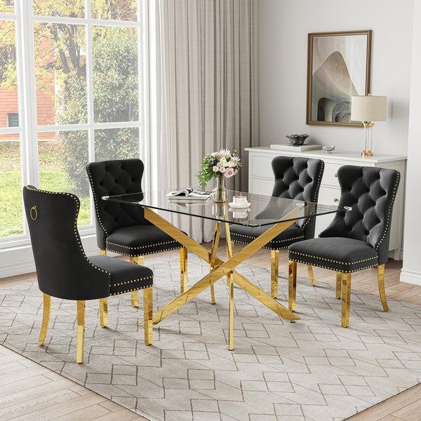 RDT919G 5-Piece Glass Dining Set + 4 Black Velvet Chairs (Gold)