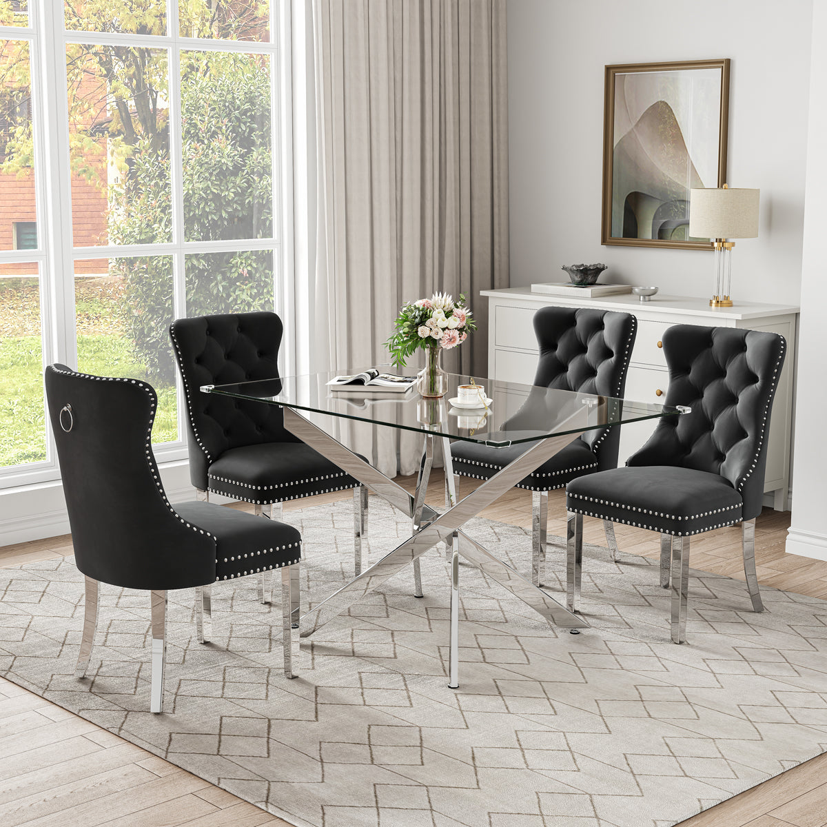 RDT919S 5-Piece Glass Dining Set + 4 Black Velvet Chairs (Silver)