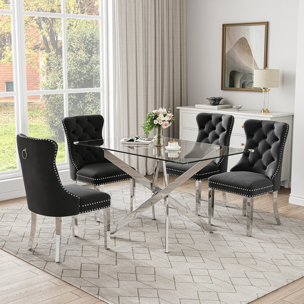 RDT919S 5-Piece Glass Dining Set + 4 Black Velvet Chairs (Silver)