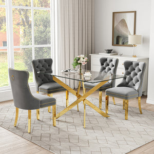 RDT919G 5-Piece Glass Dining Set + 4 Grey Velvet Chairs (Gold)