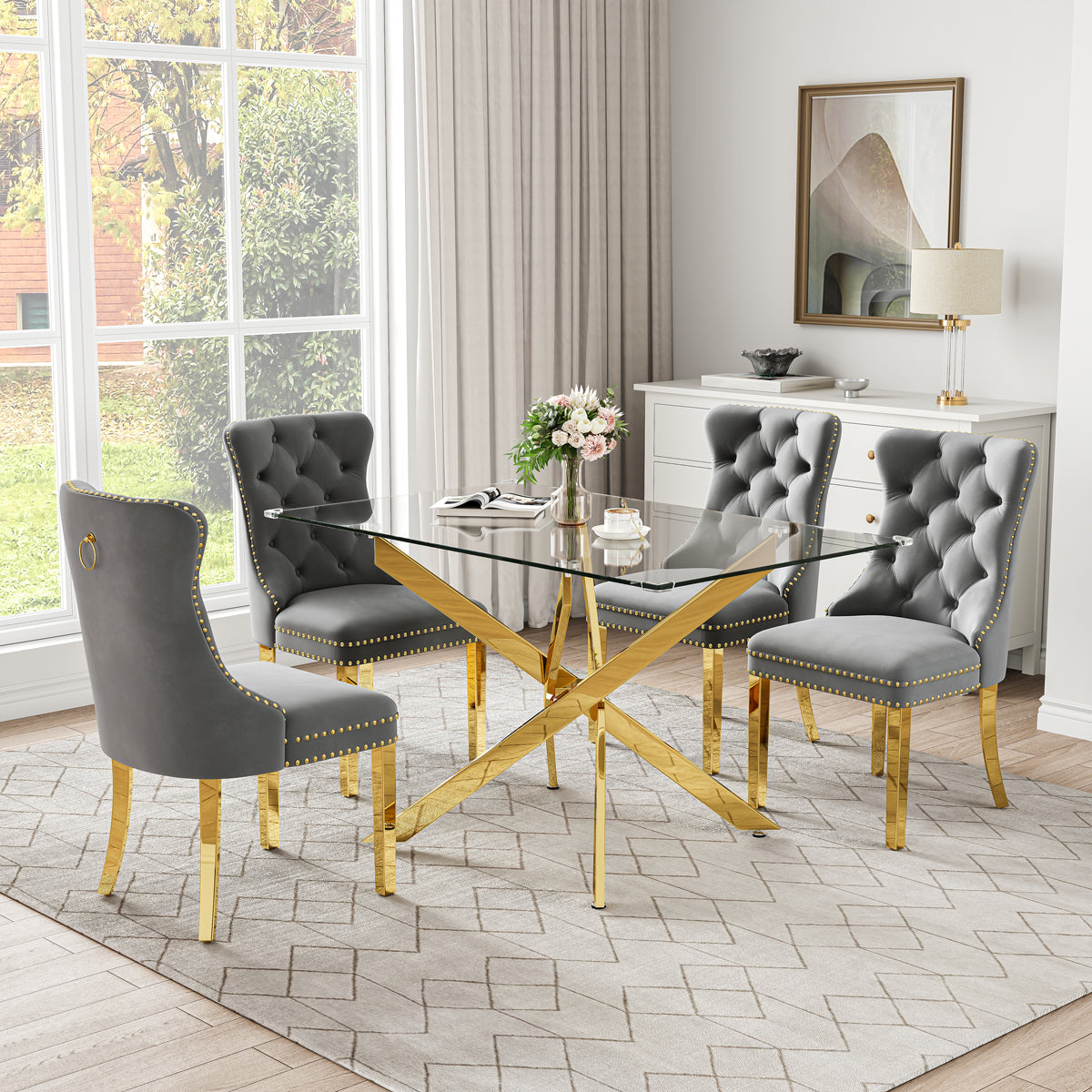 RDT919G 5-Piece Glass Dining Set + 4 Grey Velvet Chairs (Gold)