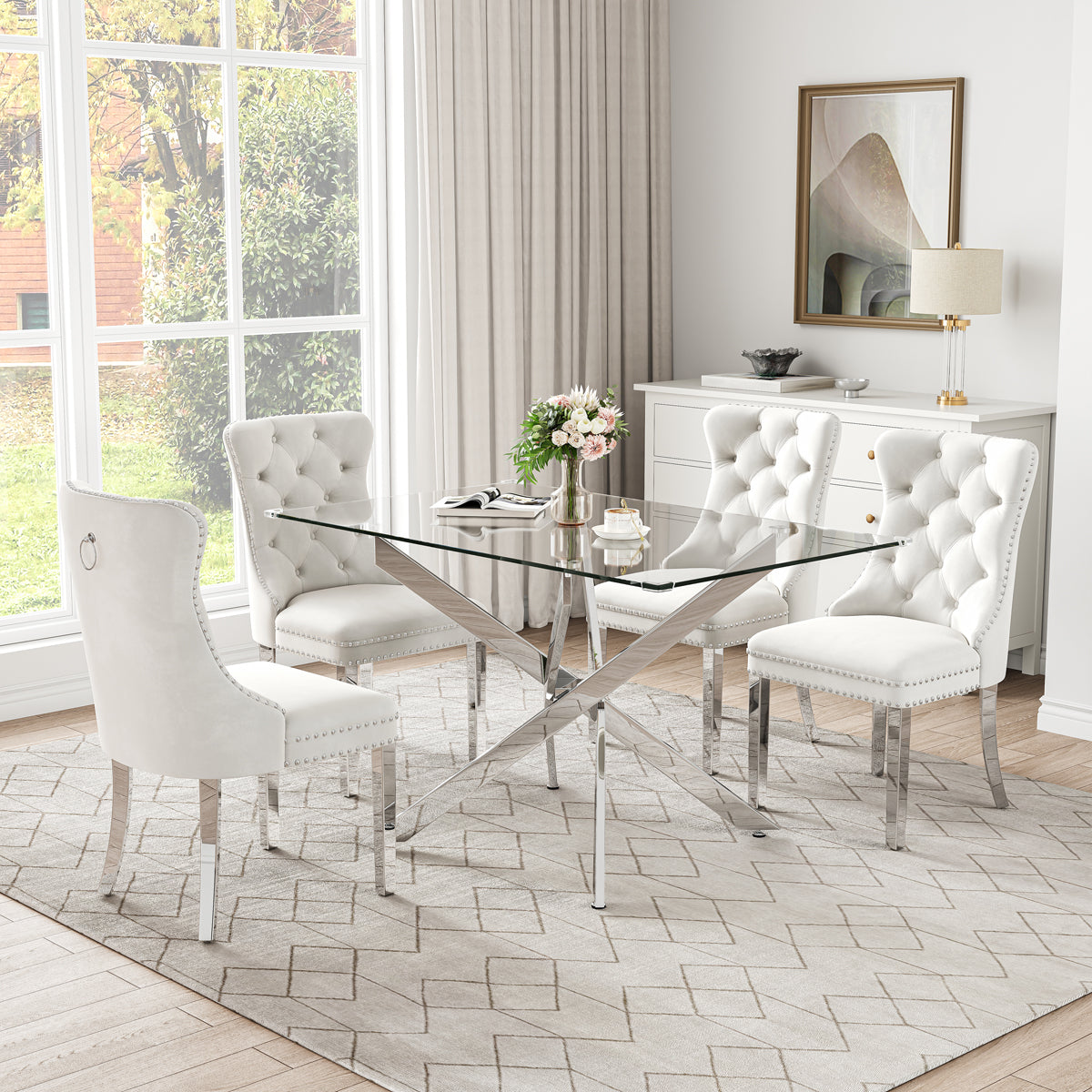 RDT919S 5-Piece Glass Dining Set + 4 White Velvet Chairs (Silver)