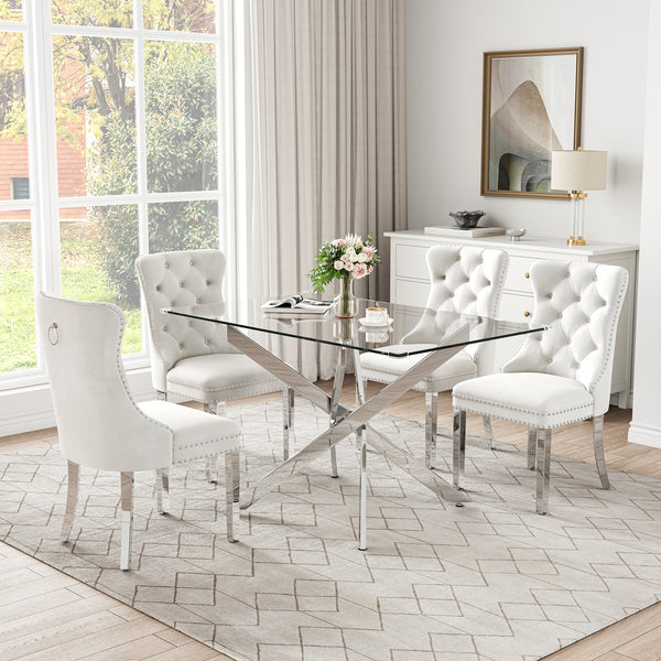 RDT919S 5-Piece Glass Dining Set + 4 White Velvet Chairs (Silver)