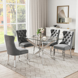 RDT919S 5-Piece Glass Dining Set + 4 Grey Velvet Chairs (Silver)