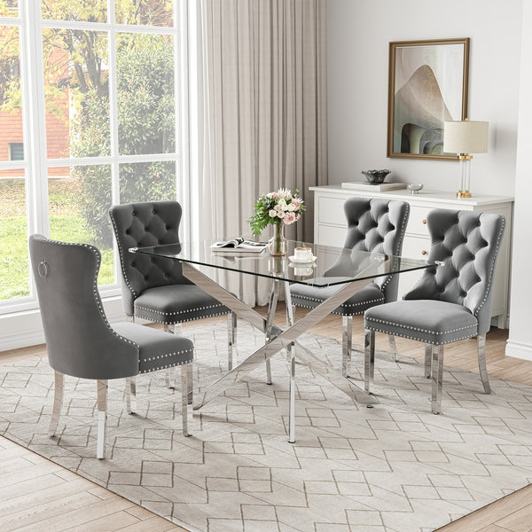 RDT919S 5-Piece Glass Dining Set + 4 Grey Velvet Chairs (Silver)