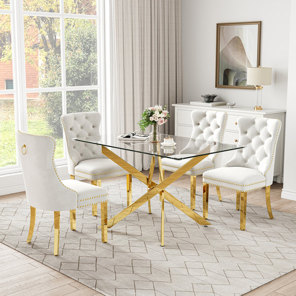 RDT919G 5-Piece Glass Dining Set + 4 White Velvet Chairs (Gold)