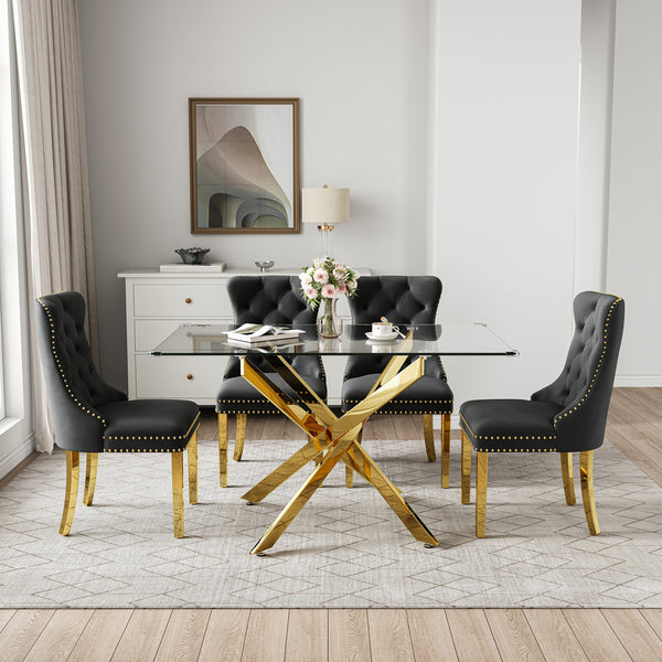 RDT919G 5-Piece Glass Dining Set + 4 Black Velvet Chairs (Gold)