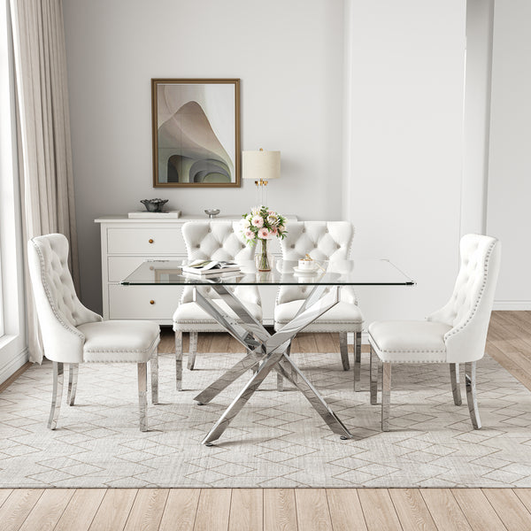 RDT919S 5-Piece Glass Dining Set + 4 White Velvet Chairs (Silver)