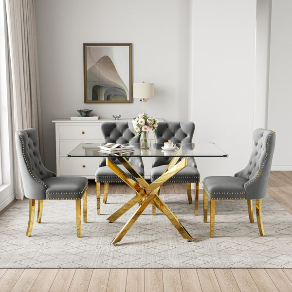 RDT919G 5-Piece Glass Dining Set + 4 Grey Velvet Chairs (Gold)