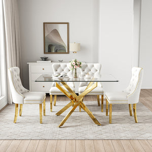 RDT919G 5-Piece Glass Dining Set + 4 White Velvet Chairs (Gold)