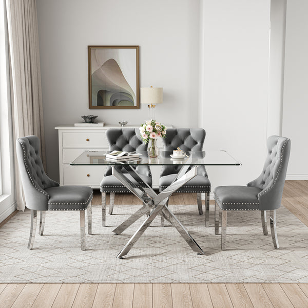 RDT919S 5-Piece Glass Dining Set + 4 Grey Velvet Chairs (Silver)