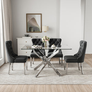 RDT919S 5-Piece Glass Dining Set + 4 Black Velvet Chairs (Silver)