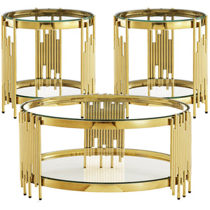 CT038G 3-Piece Glass Coffee & End Table Set - Clear/Gold