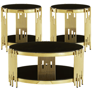 CT038GB 3-Piece Glass Coffee & End Table Set - Black/Gold