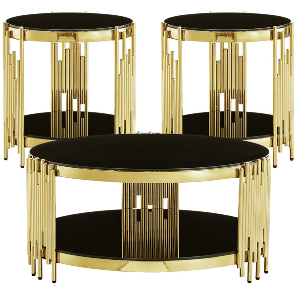 CT038GB 3-Piece Glass Coffee & End Table Set - Black/Gold