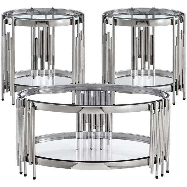 CT038S 3-Piece Glass Coffee & End Table Set - Clear/Silver
