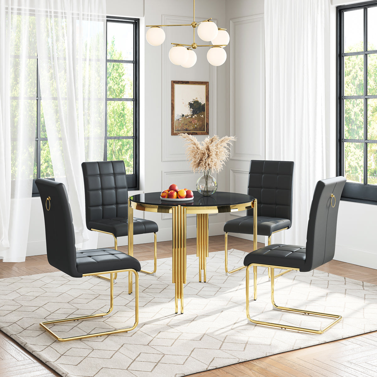 DT0314GB 5-Piece Round Glass Dining Set (37" Table + 4 Black PU Chairs)