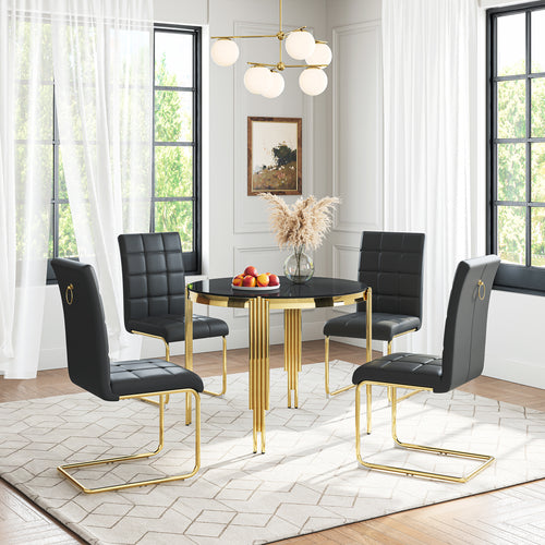 DT0314GB 5-Piece Round Glass Dining Set (37" Table + 4 Black PU Chairs)
