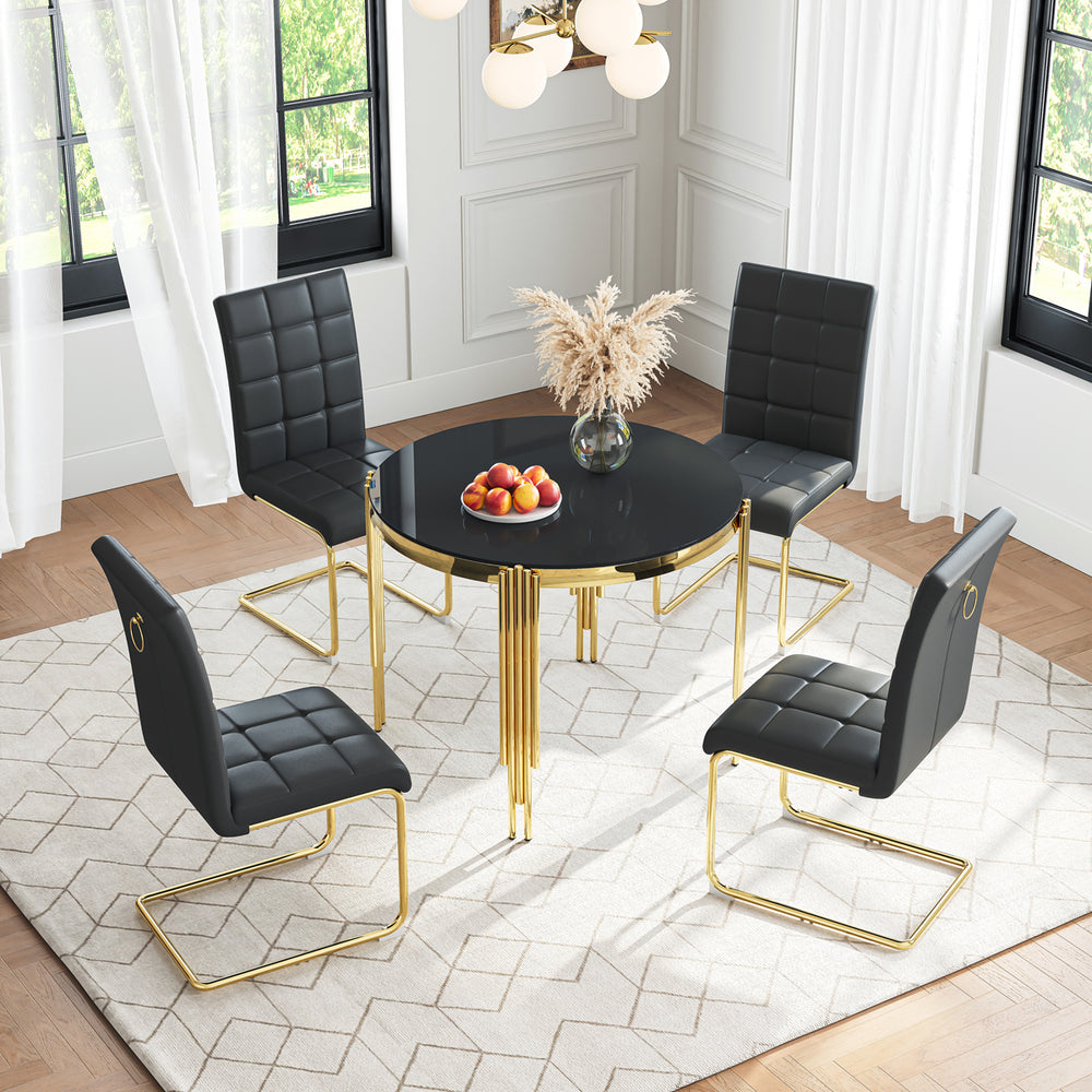 DT0314GB 5-Piece Round Glass Dining Set (37" Table + 4 Black PU Chairs)