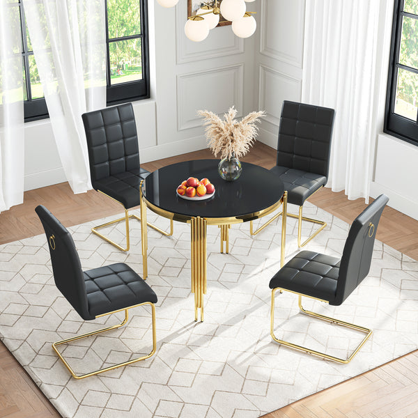 DT0314GB 5-Piece Round Glass Dining Set (37" Table + 4 Black PU Chairs)