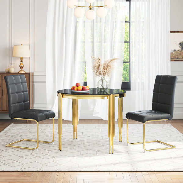 DT0314GB 5-Piece Round Glass Dining Set (37" Table + 4 Black PU Chairs)
