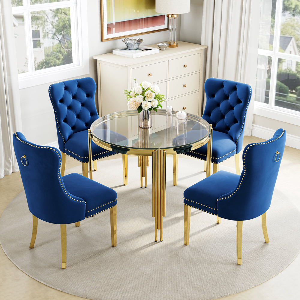 DT0314G 5-Piece Round Glass Dining Set (37" Table + 4 Blue Velvet Chairs)
