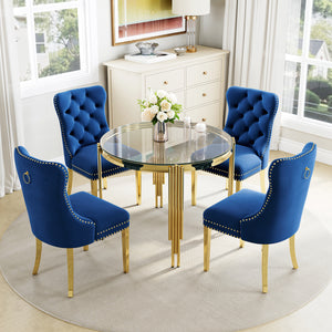 DT0314G 5-Piece Round Glass Dining Set (37" Table + 4 Blue Velvet Chairs)