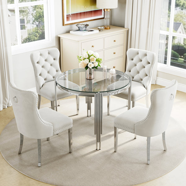 DT0314S 5-Piece Round Glass Dining Set (37" Table + 4 Velvet Chairs)