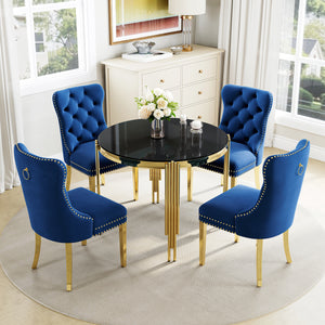 DT0314GB 5-Piece Round Glass Dining Set (37" Table + 4 Blue Velvet Chairs)