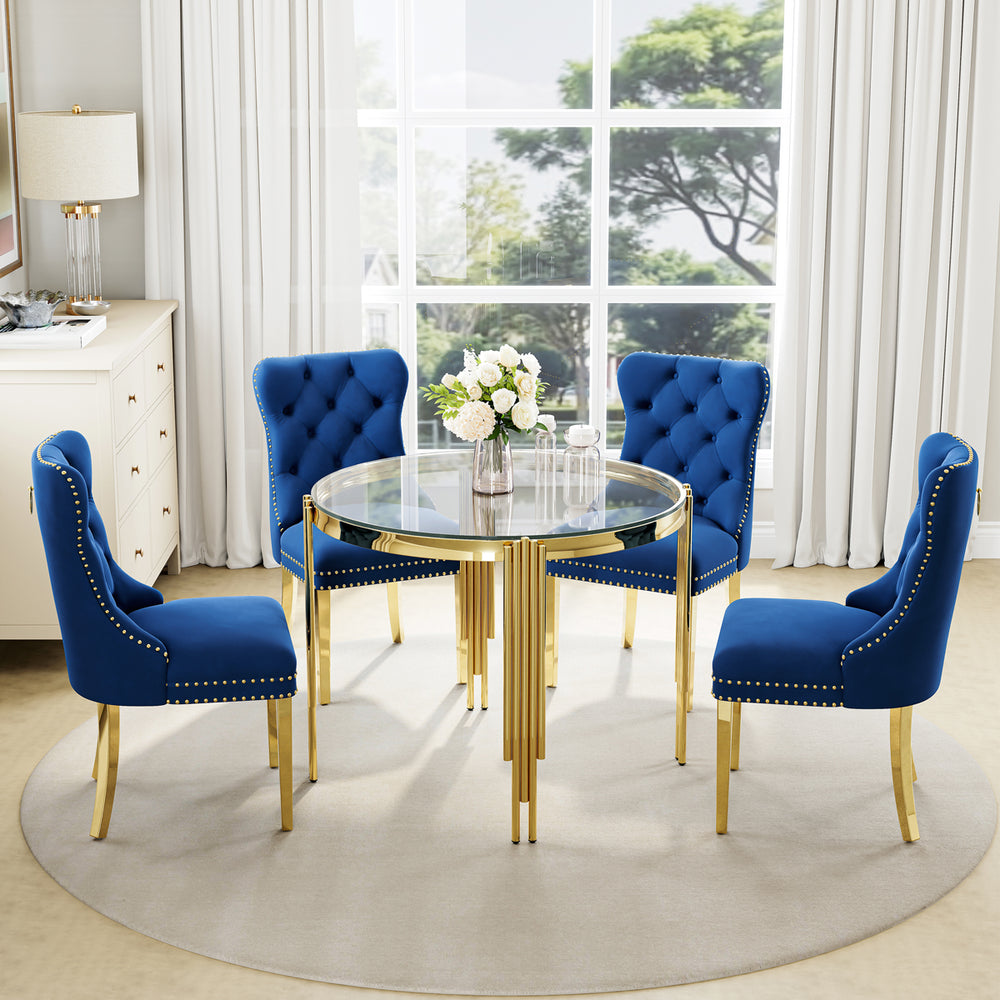 DT0314G 5-Piece Round Glass Dining Set (37" Table + 4 Blue Velvet Chairs)
