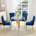 DT0314G 5-Piece Round Glass Dining Set (37" Table + 4 Blue Velvet Chairs)