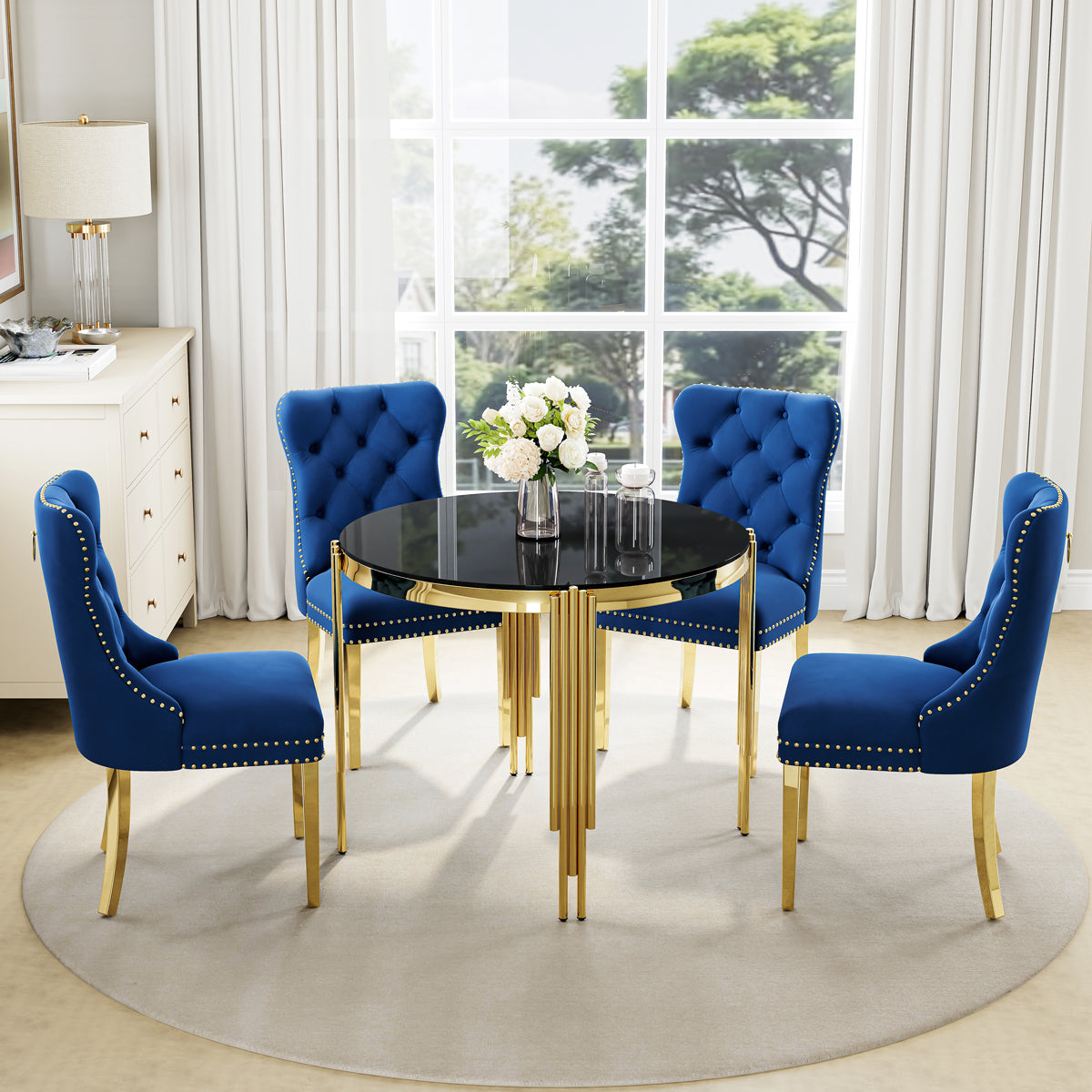 DT0314GB 5-Piece Round Glass Dining Set (37" Table + 4 Blue Velvet Chairs)