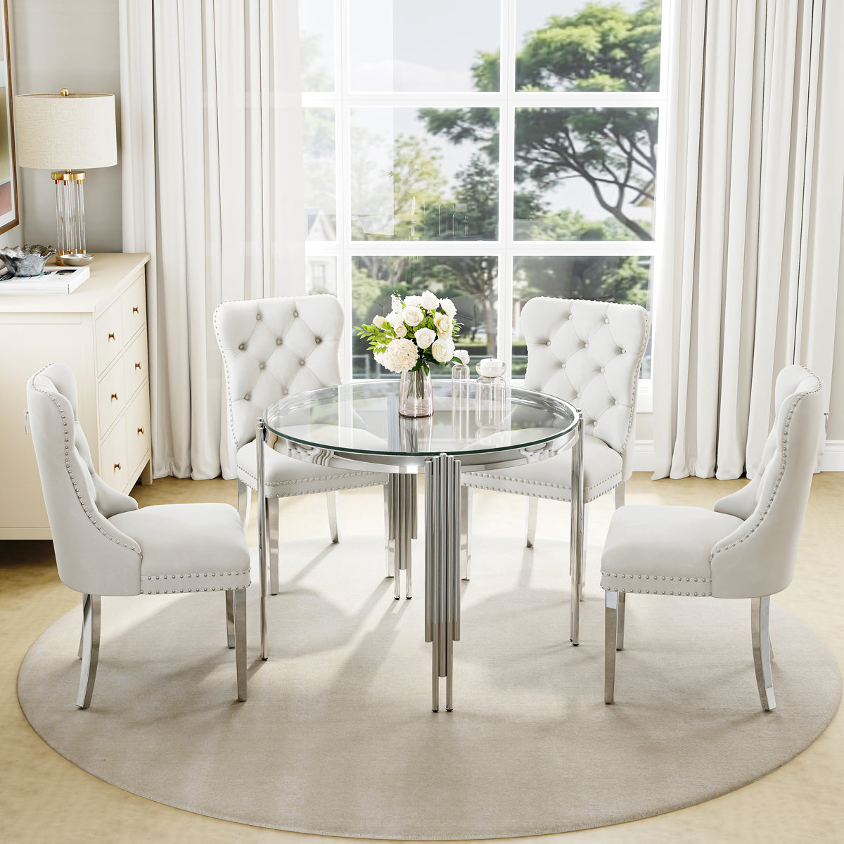 DT0314S 5-Piece Round Glass Dining Set (37" Table + 4 Velvet Chairs)