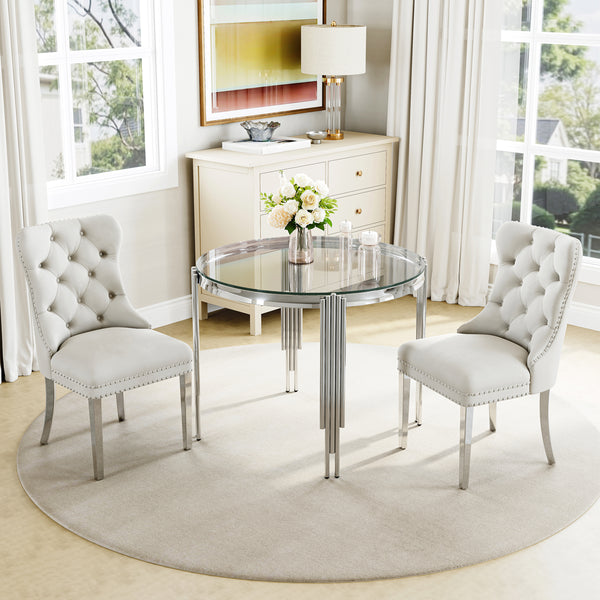 DT0314S 5-Piece Round Glass Dining Set (37" Table + 4 Velvet Chairs)