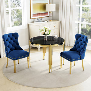 DT0314GB 5-Piece Round Glass Dining Set (37" Table + 4 Blue Velvet Chairs)
