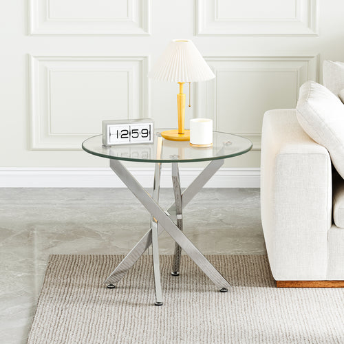 #SILVER 24 Inch Round Clear Glass End Table with Metal Base Detail View