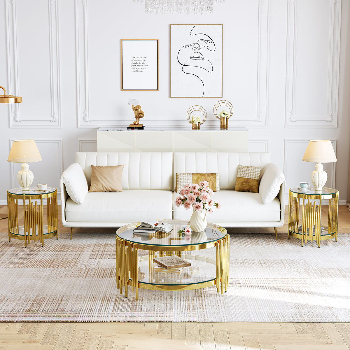 CT038G 3-Piece Glass Coffee & End Table Set - Clear/Gold