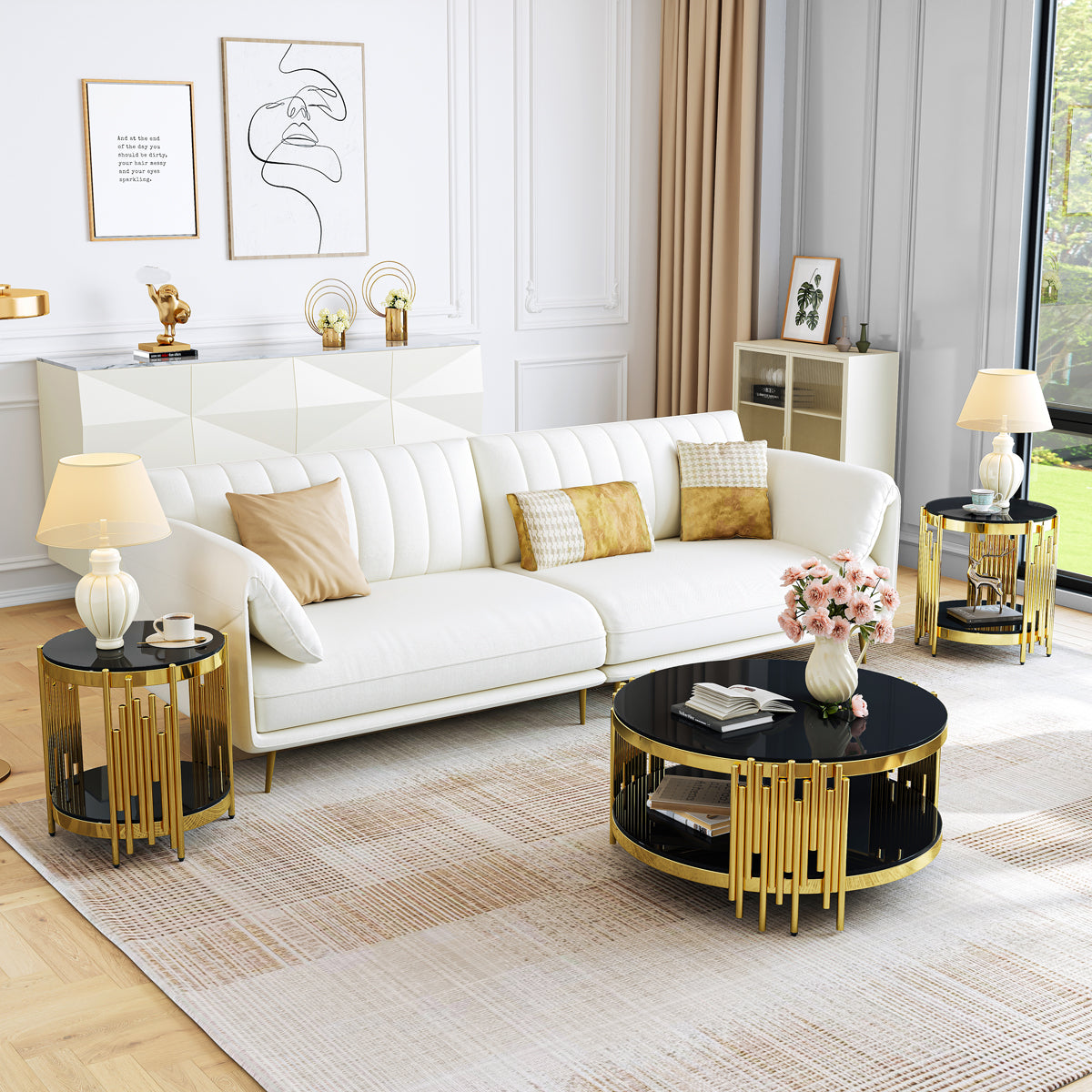 CT038GB 3-Piece Glass Coffee & End Table Set - Black/Gold