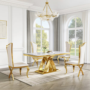DT0218 5-Piece MDF Dining Set + 4 White Velvet Chairs (Gold)