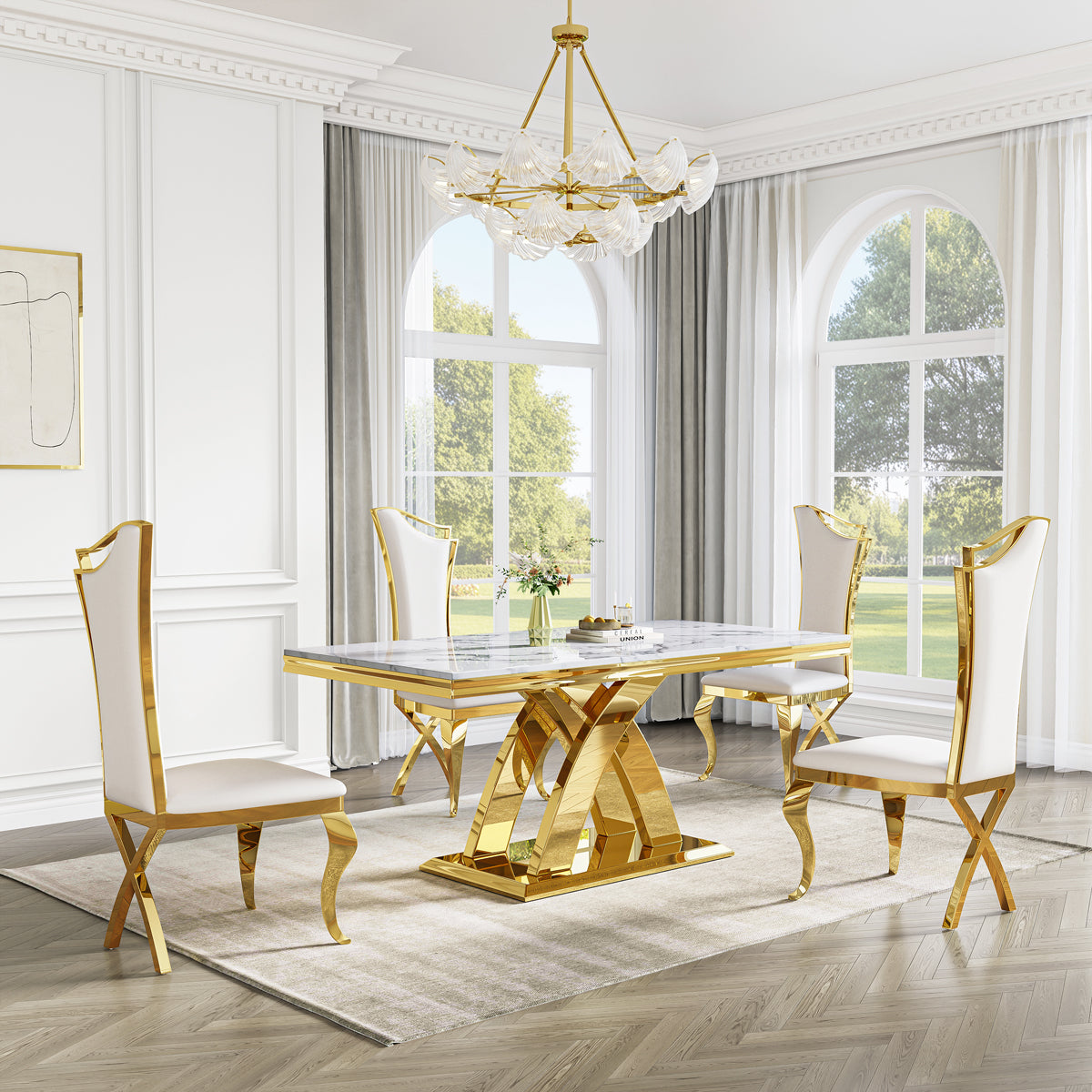 DT0218 5-Piece MDF Dining Set + 4 White Velvet Chairs (Gold)