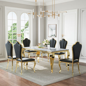 DT022GMW 7-Piece MDF Dining Set + 6 Black PU Chairs (Gold)