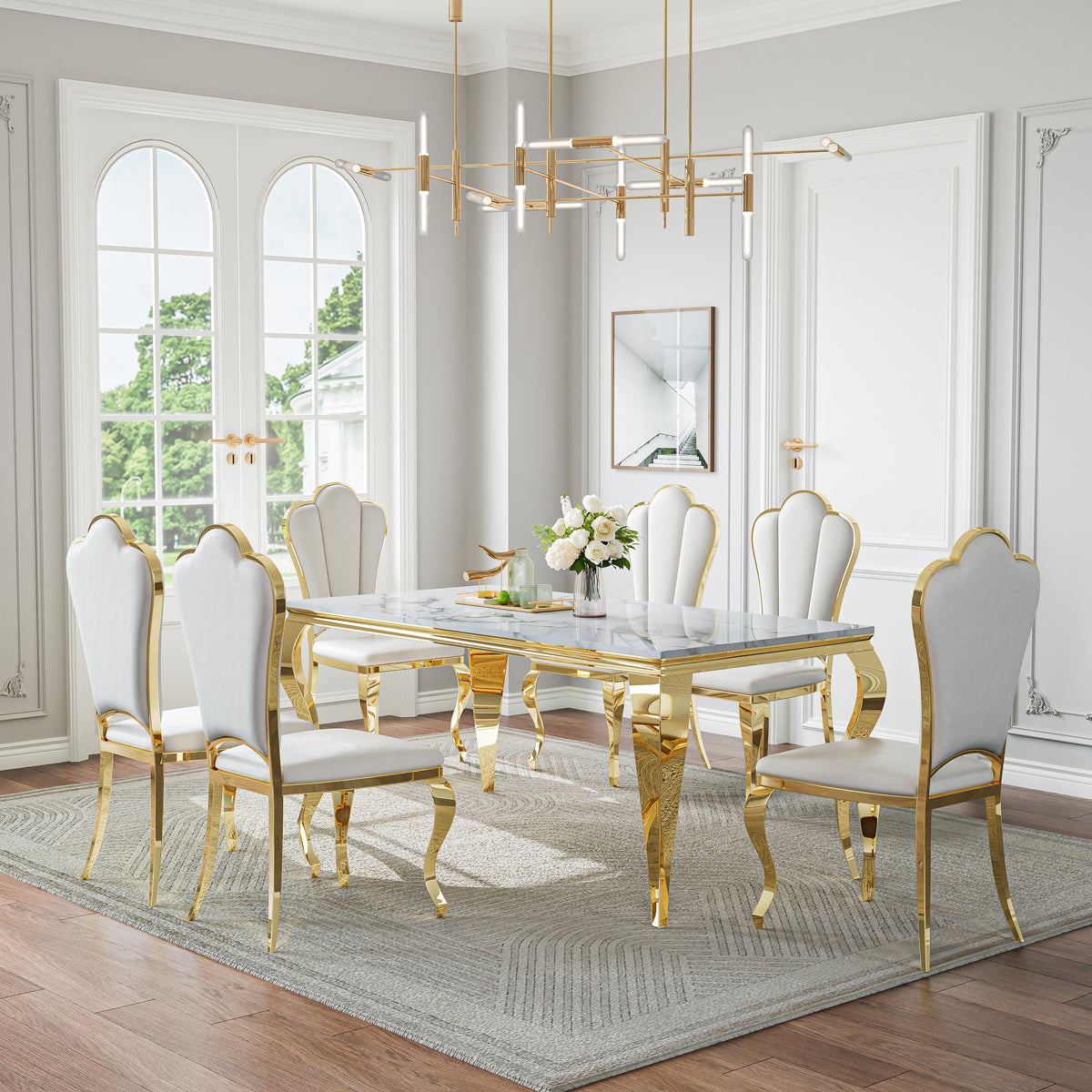 DT022GMW 7-Piece MDF Dining Set + 6 White PU Chairs (Gold)